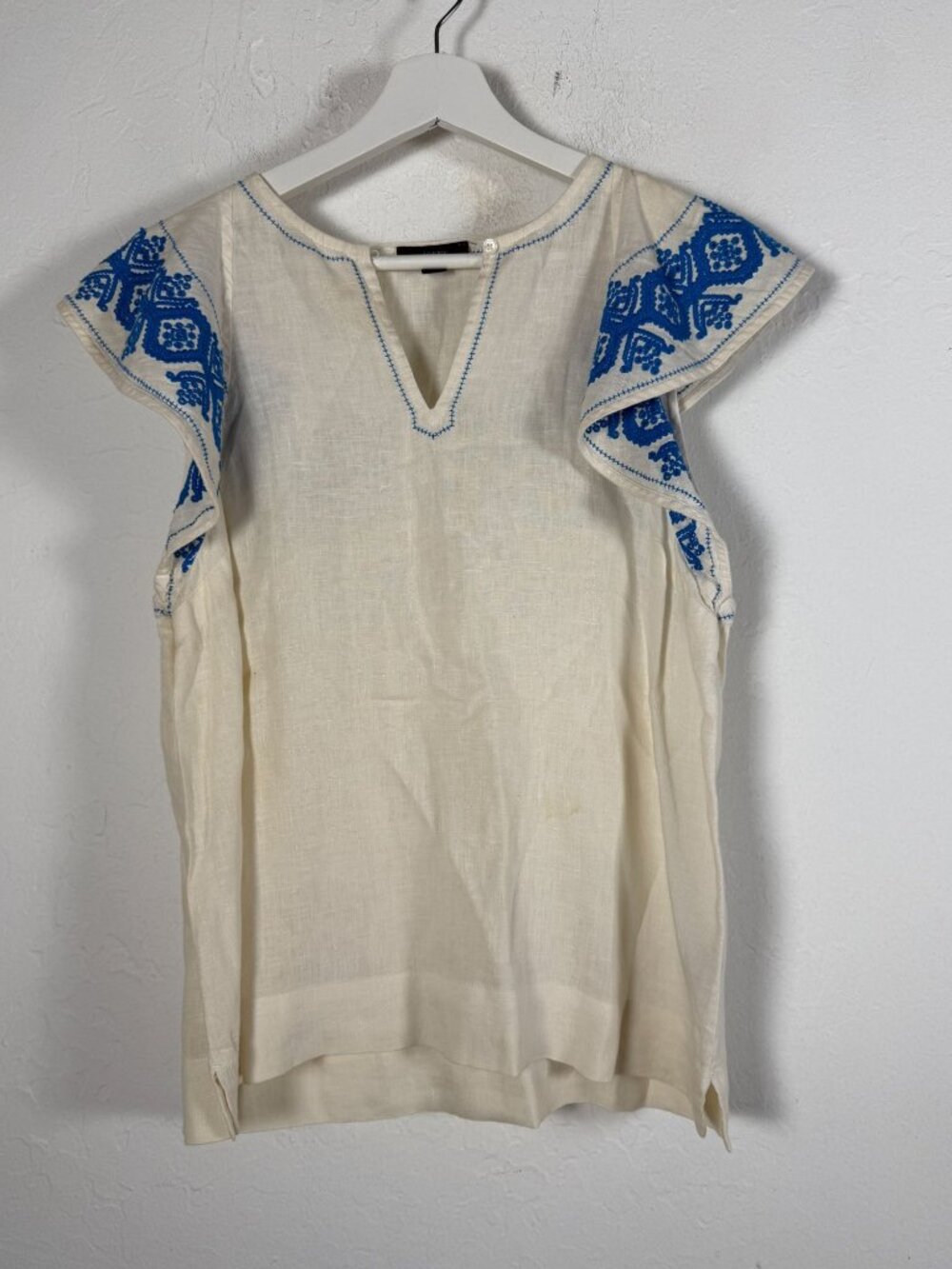J Crew Top Womens Small Ivory Linen Embroidered Blue Ruffle Sleeve Blouse Boho